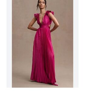 Mac Duggal Leena PLEATED RUFFLED CAP SLEEVE CUT OUT LACE UP GOWN 8 fushia